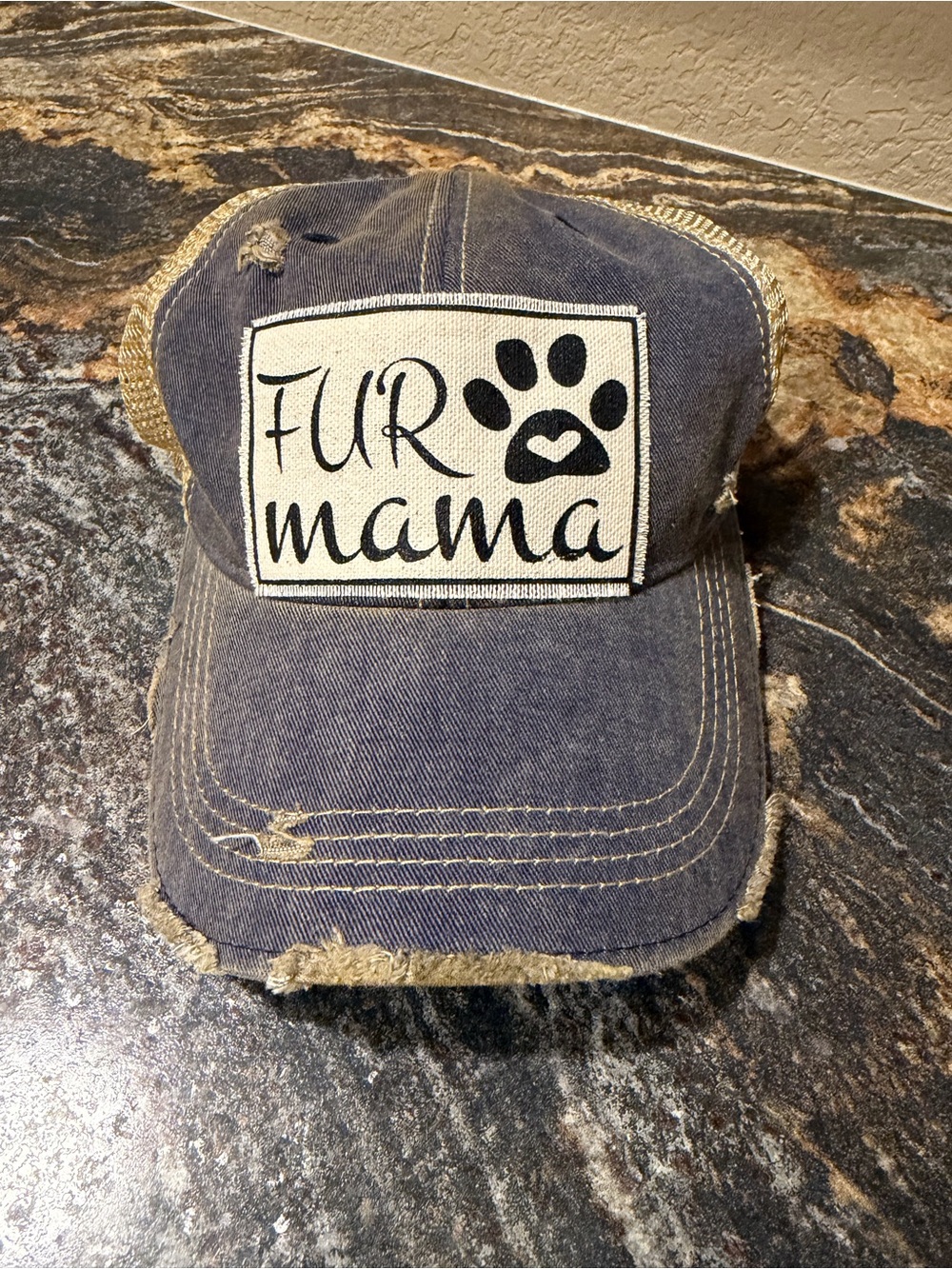 Fur Mama Distressed Trucker Hat - Navy and Tan